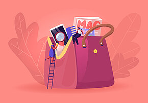 Tiny,Woman,With,Magnifying,Glass,Climbing,By,Ladder,On,Huge Tiny,Woman,With,Magnifying,Glass,Climbing,By,Ladder,On,Huge