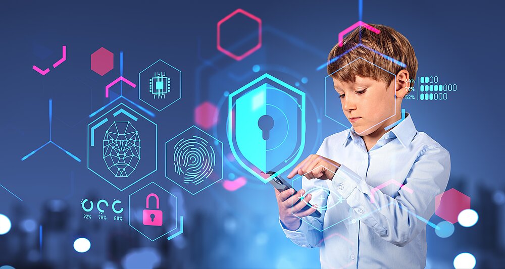 Serious,Child,Using,Phone,,Finger,Touch,Screen.,Glowing,Protective,Shield